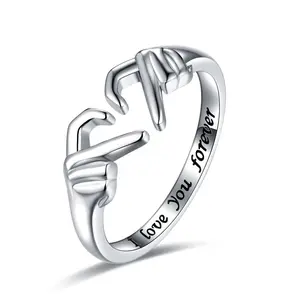 Silver Rings Two Hands Hug Open Ring Ladies Men Wedding Rings for Women Adjustable Romantic Love Hugging Hands Open Ring, Inscription "I love you forever" Anniversary Gifts, Valentine's Day Gifts for Girlfriend & Boyfriend