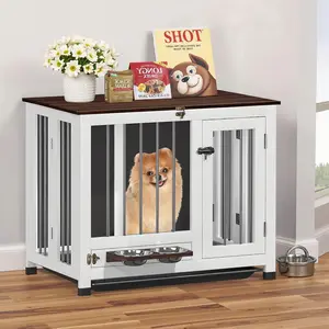 31.5" Wooden Dog Crate Furniture - Foldable Indoor Kennel with 360 °   Rotating Feeder |   Multi-Functional End Table for Small & Medium Dogs |   Portable Pet Cage with Removable Tray & Easy Assembly