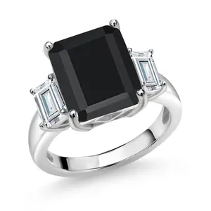 Gem Stone King 6.91 Cttw Black Onyx and White Moissanite 3-Stone Engagement Ring For Women | 925 Sterling Silver | Emerald Cut 12X10MM and 6X4MM | Three Stone Wedding Anniversary Promise Ring