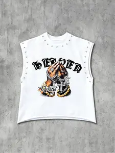 Men's Casual Sleeveless Vest Top, Soft Skin-Friendly Fabric, Shoulder Rivet Decor, Prayer Hand Religious Print, Street Style Gym Wear