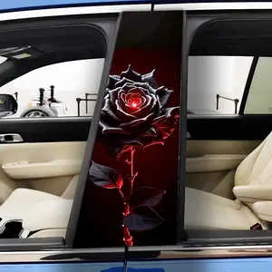 2Pcs Red Black Rose Light Shadow Car Sticker, Car Decorative Sticker, Durable Vinyl Sticker, Suitable for B-Pillar, Semi-Matte Surface, Self-Adhesive, Compatible Metal Surface, Rectangle Shape, Fantasy/Horror Theme, Skull Couple Design, Car Decor