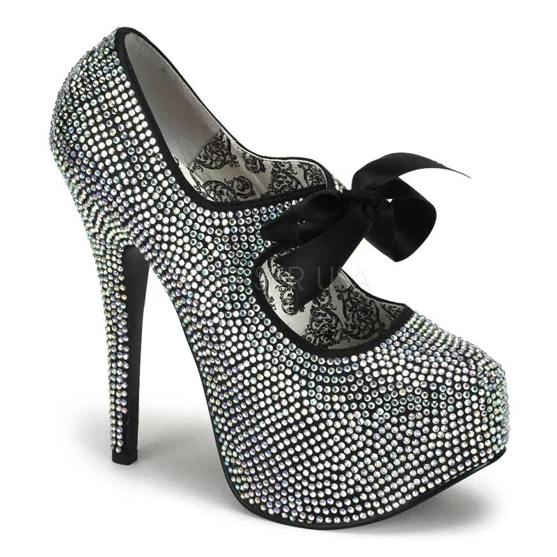 Women's Classy Silver Rhinestone Pumps with 5.75" High Heel, Concealed Platform & Satin Ankle Bow Tie, Footwear, Stylish, Fashion, Shoe, Elegant, High Heels, Heeled