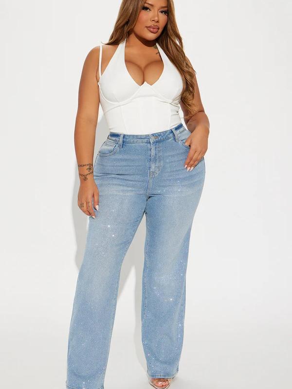 Zahra Stretch Embellished Straight Leg Jeans - Light Wash