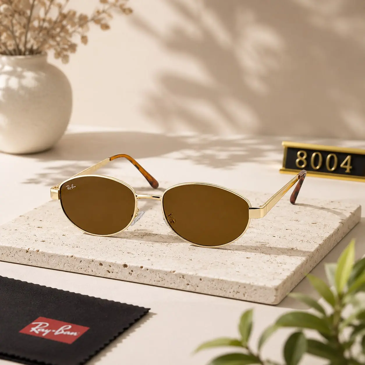 Ray-Ban Green Lens Sunglasses Oval Gold Frame Metal Fashion Shades for Men Women