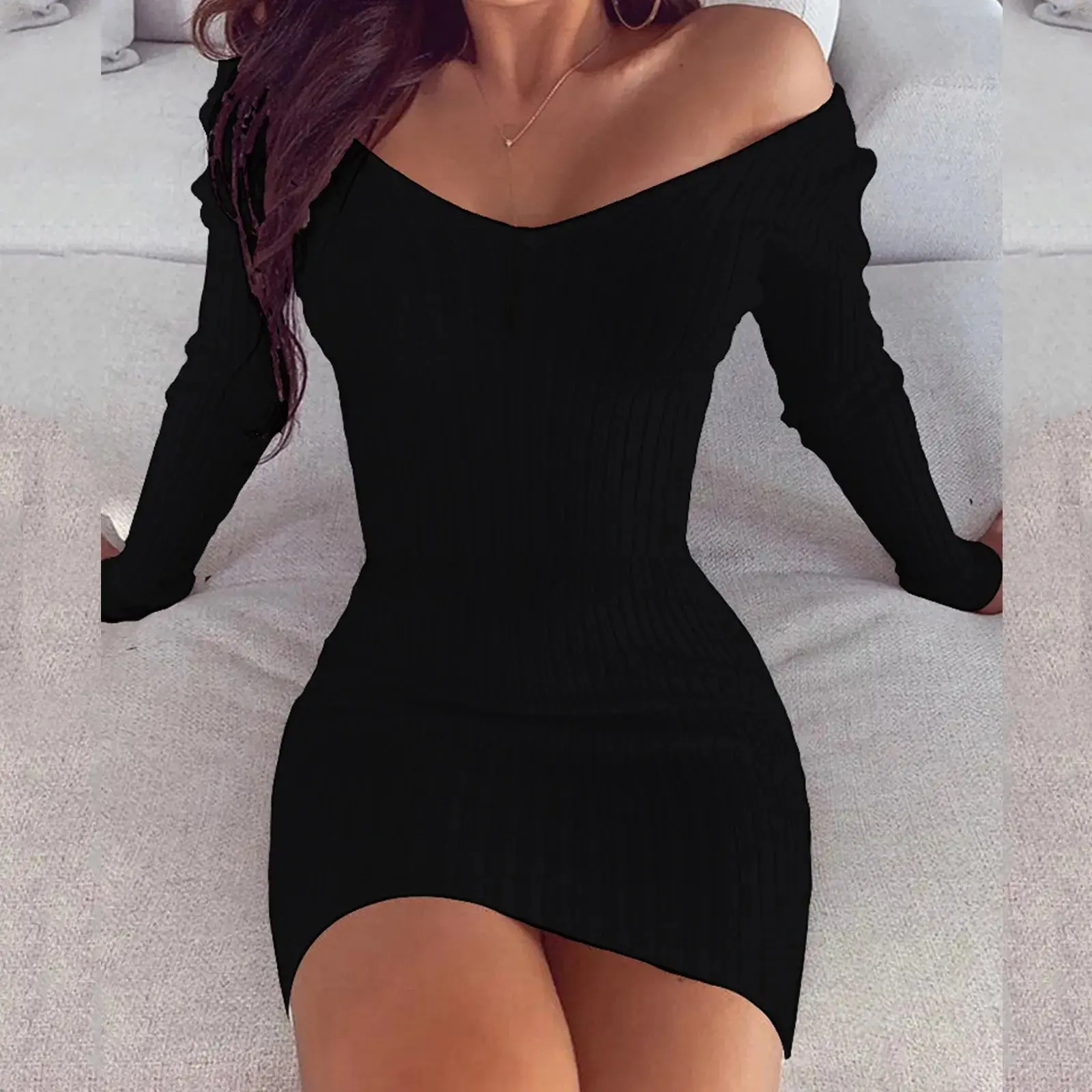 Shoulder Long Sleeve Body Dress for Women Knitted Sweater Dresses