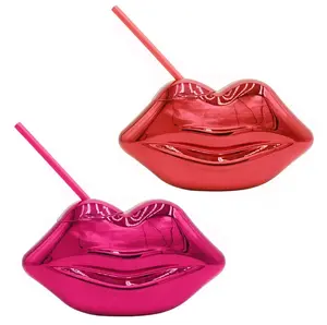 20 oz Plastic Red Lip Shape Disco Cup with Straw and Lid for Party and Events Drinkware (2 cups) mugs valentine mug