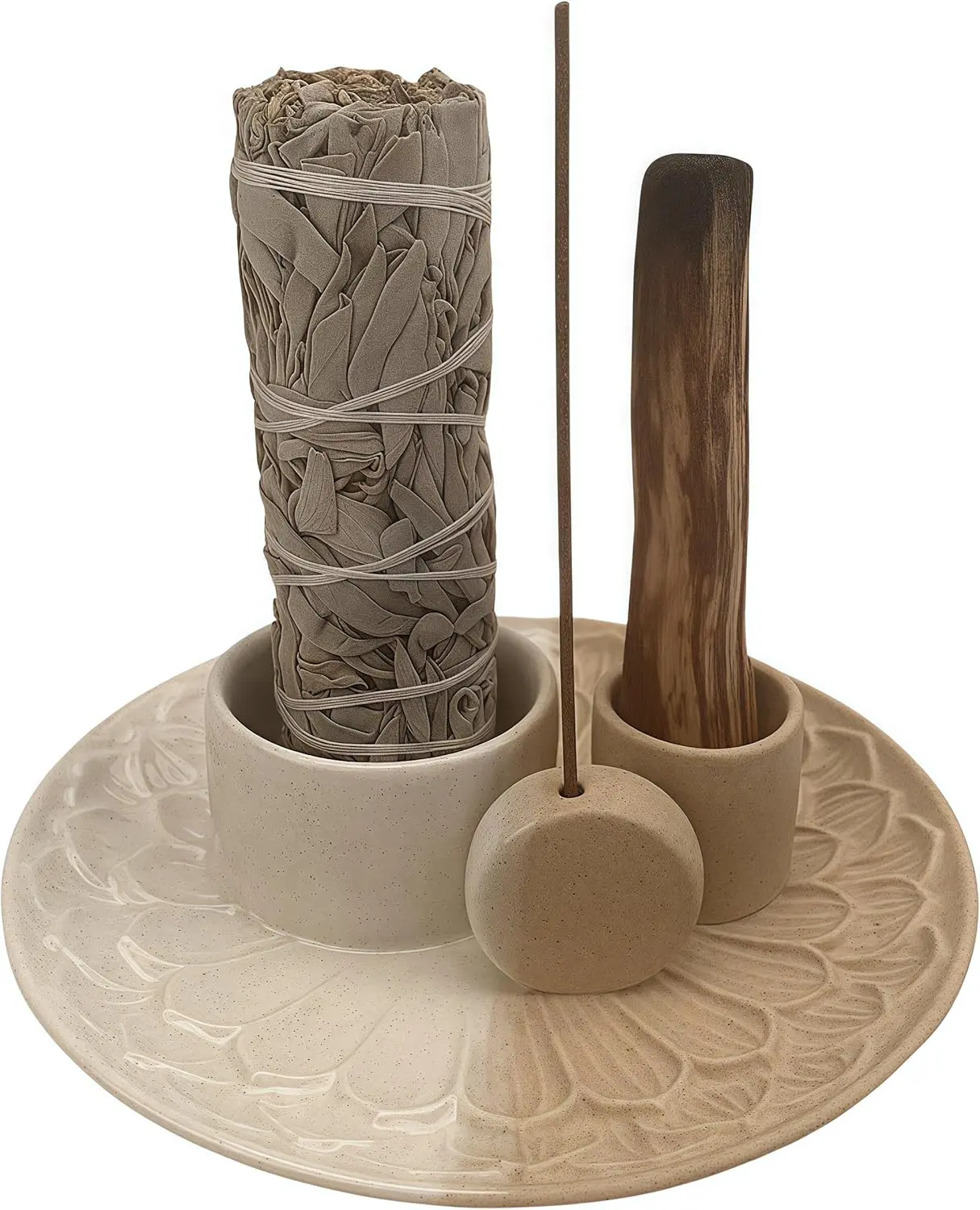 4 in 1 Ceramic Incense Holder Set with Ash Catcher Tray for Meditation Yoga Room - 5.5" Decorative Design for Sage Palo Santo Sticks