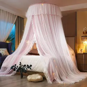Princess Bed Canopy for Girls & Adults, Elegant Double-Layer Bed Curtain, Children's Dream Round Lace Mosquito Net - Fits Twin, Full, Queen, and King Beds(Pink/White)