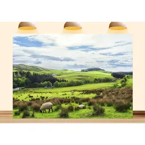 Irish Countryside Photography Backdrop, Rural Landscape with Rolling Hills, Grazing Sheep, Green Meadows, Nature Scene Background, for Studio, Party, Professional Photos