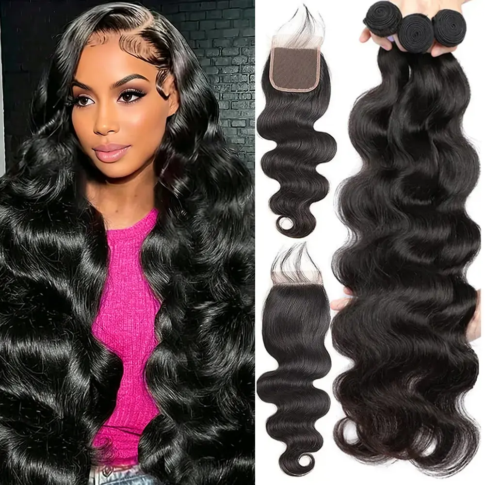 Asakiss Body Wave Human Hair Bundles With Closure Lace Closure 100% Unprocessed Brazilian Virgin Hair Bundles Human Hair Quick Weave Extensions Natural Black Brazilian Virgin Hair Bundles Hair Extensions Real Human Hair