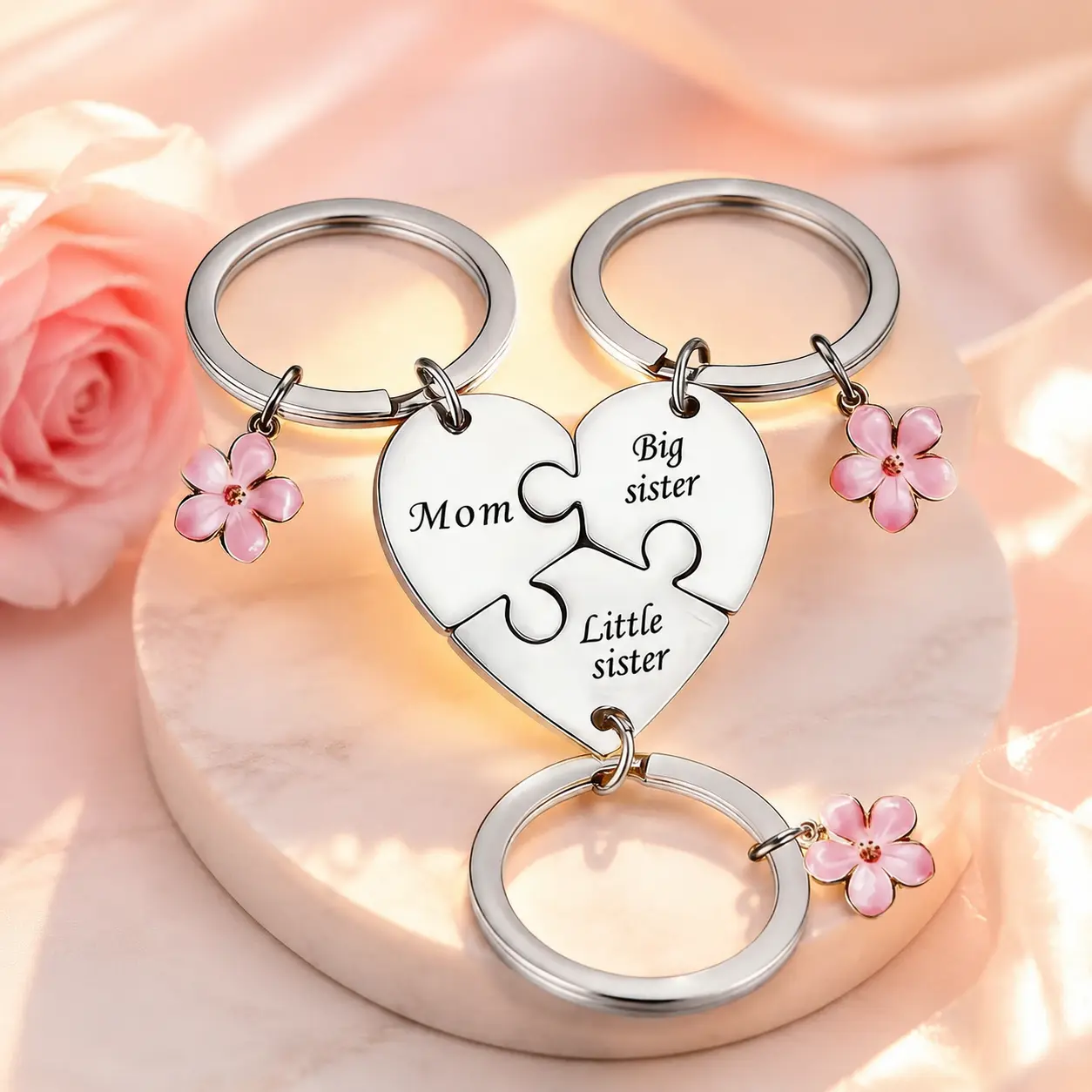 Matching Heart Puzzle Keychains for 3, Mom Big Sister Little Sister Key Rings with Pink Flower Charm, Meaningful Family Keepsake Gift for Holiday Occasions