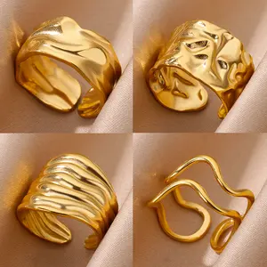 Retro Irregular Geometric Chunky Opening Rings for Women Stainless Steel Gold Color Ring Aesthetic Wedding Waterproof Jewelry