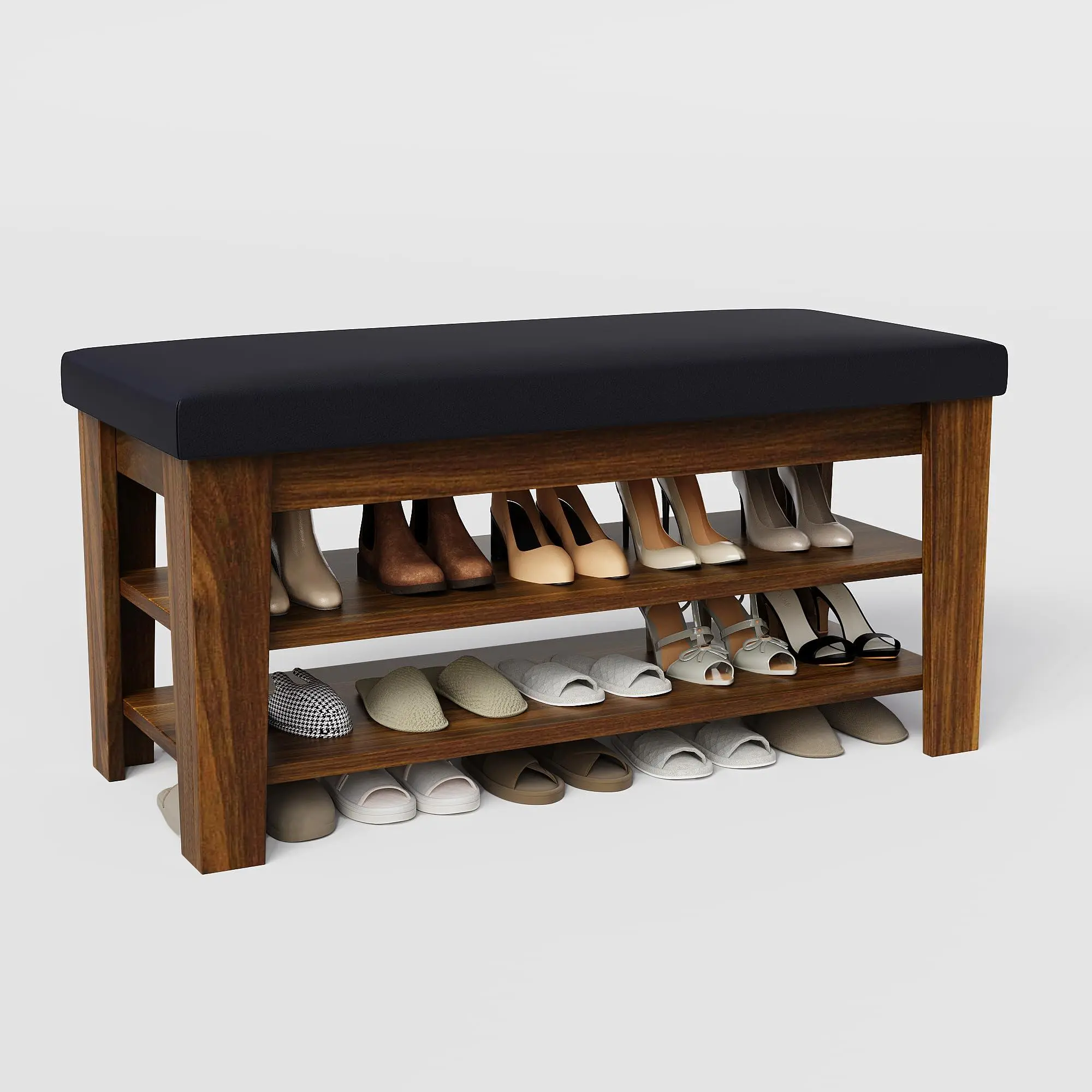 Gaomon 2-Tier Wood Frame Shoe Rack Bench, Entryway Indoor Furniture Storage Bench, Two-Tier Rack