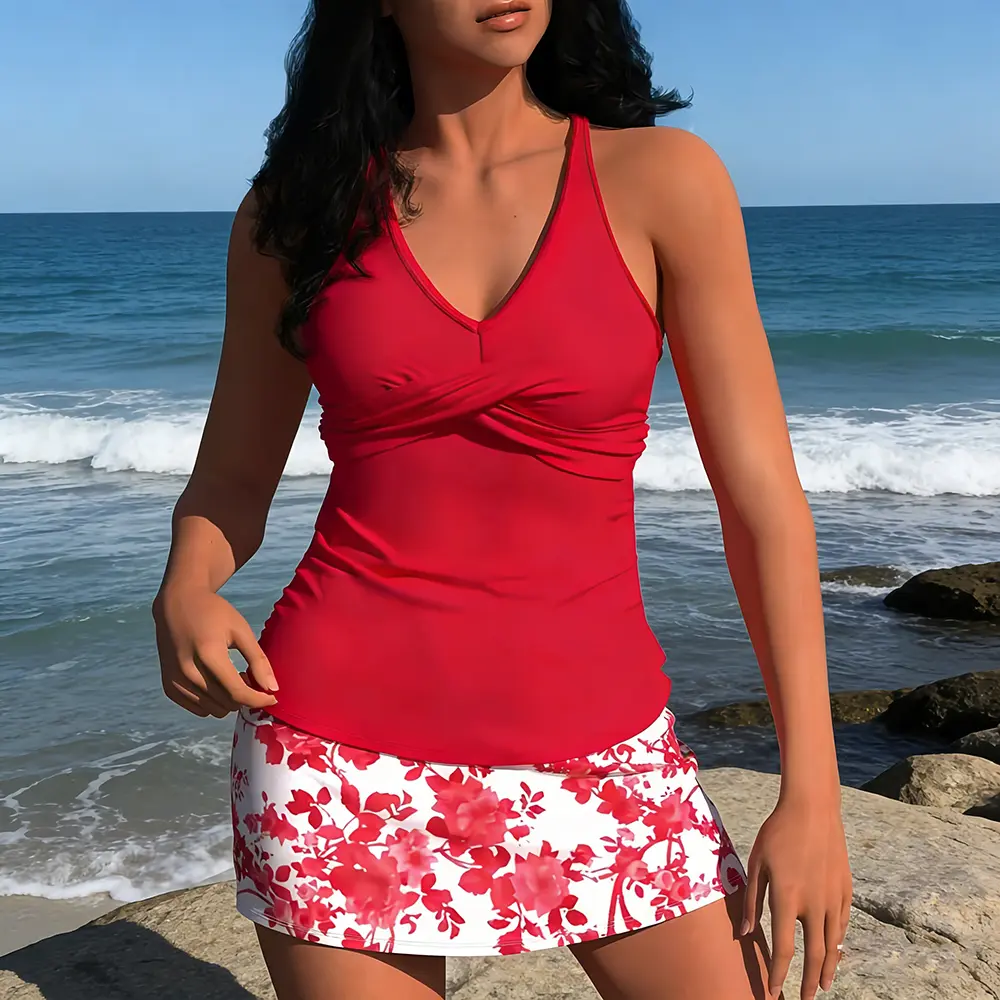 Women's Tankini Swimsuit, 2 Piece Floral Pattern Halter Set with Twist Detail, Tummy Control, Removable Pads, Skirted Bottom, M, Tankini Swimsuits, Pool Party, Bathing Suits, Bright, Flower Motif