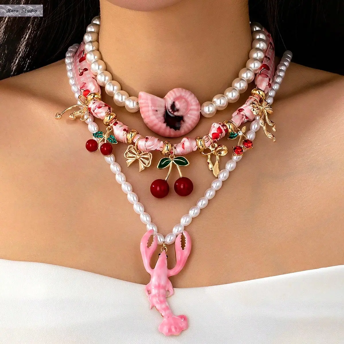 Women's Summer Vacation Cherry Embellishment Necklace - Dopamine Pearl Ribbon Necklace with Lobster Clasp, Lightweight Adjustable Layering Jewelry, Cute Elegant Accessory for Everyday, Party, Cherry Embellishment Necklaces