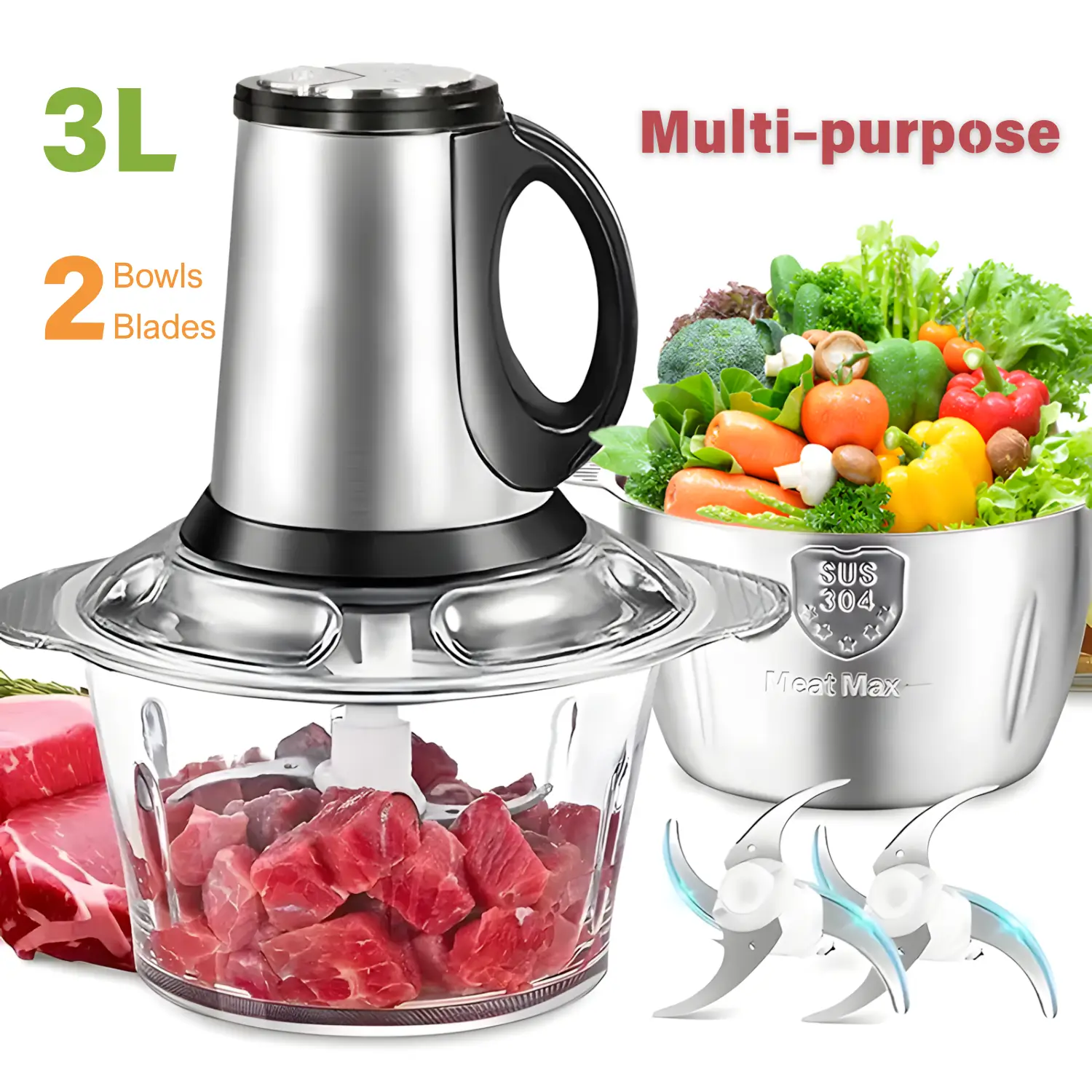 Meat Grinder Electric Machine,Food Processors,Kitchen Vegetable Chopper,2 Bowls(3-Liter Stainless Steel Cup&3-Liter PET Plastic Cup) 2 Sets of Bi-Leve