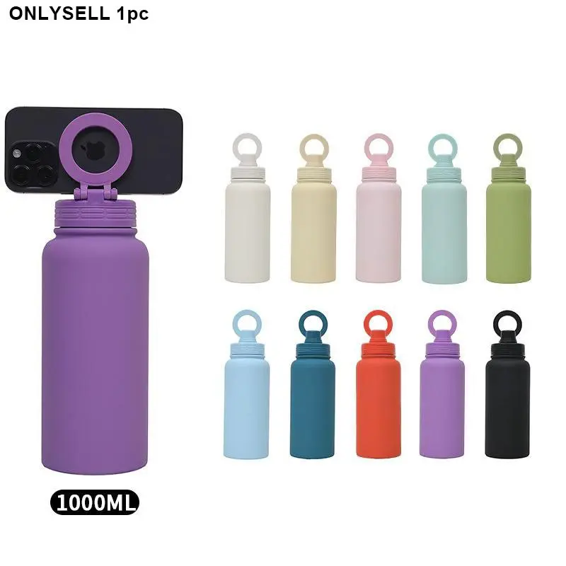 Magnetic Phone Holder Water Bottle — 34oz Large Capacity Insulated Stainless Steel Vacuum Thermos, Portable Vacuum Flasks, Insulated Travel Drinkware, for Running Hydration Packs, Cycling, Hiking, Marathons & Outdoor Sports.