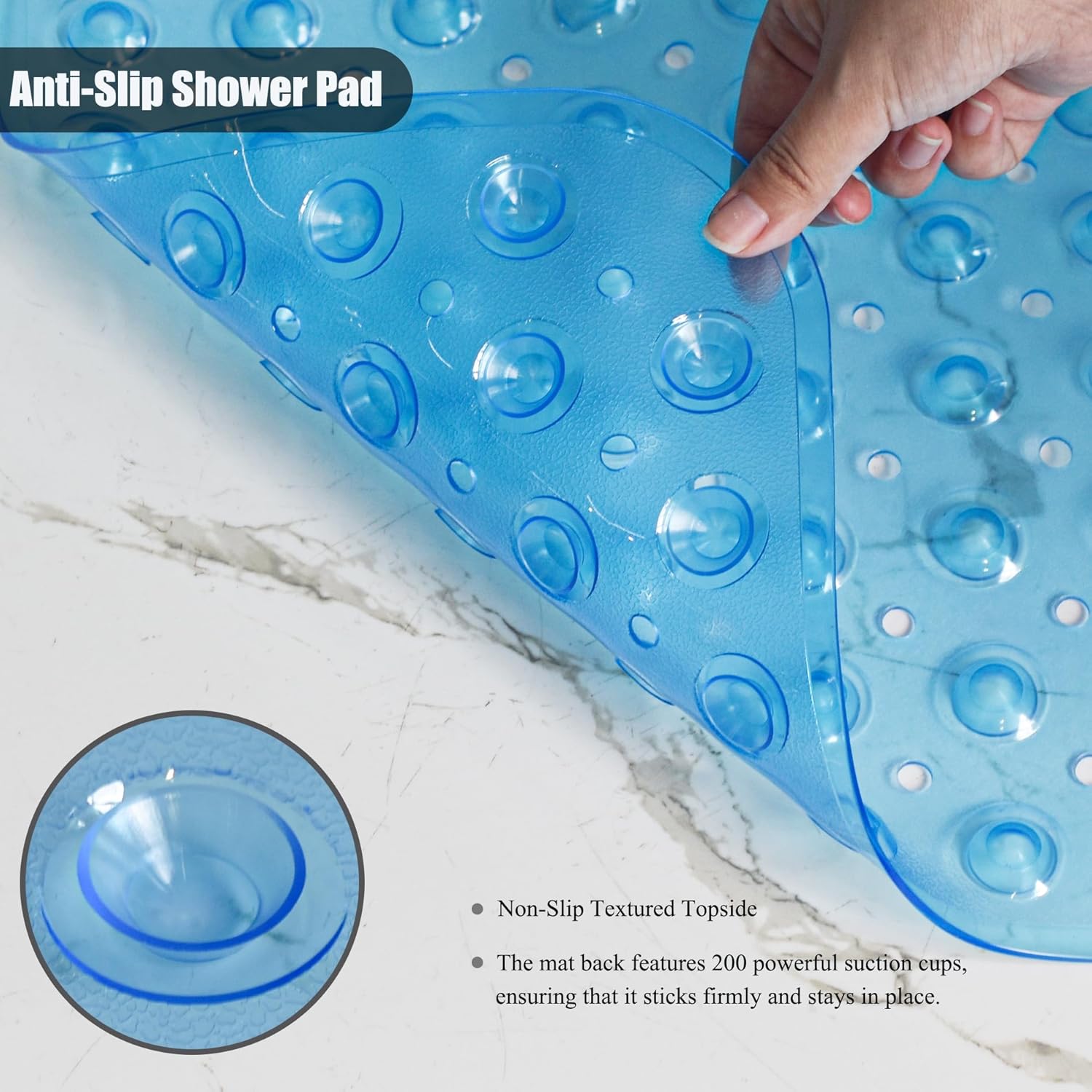 Bathtub Floor Mat 40x16 Inch,Non Slip Mat With Strong Suction Cups,Extra Large Machine Washable Shower Rug,Drain Holes Keep Tub Clean,Waterproof Mold Resistant Rubber PVC Mat,Blue Black Transparent Light Gray,Holiday Gift For Adults Elderly Kids Family