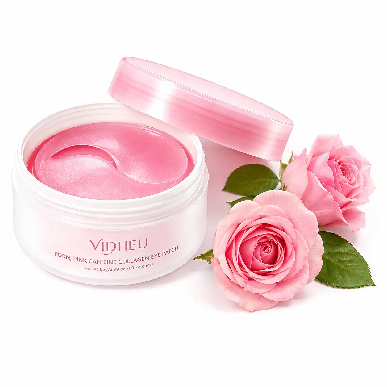 VIDHEU Pink Caffeine Collagen Eye Patches, 60 Hydrogel Under Eye Masks with Centella Asiatica, Calendula & Rosehip Flower Extract, Cooling Hydrating Eye Care for Tired, Dull-Looking Eyes, Puffiness & Fine Line Care