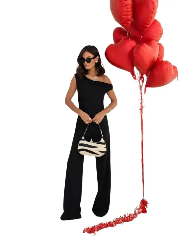Women's Luxe 1-Shoulder Wide-Leg Jumpsuit, Elegant Asymmetrical Evening Outfit