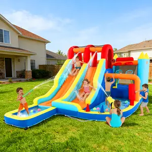 Inflatable Water Slide Park Giant Bounce House with 450W Blower Climbing Wall Dual Basketball Hoops Ring Toss Games Outdoor Backyard Jumper for Kids Ages 3+