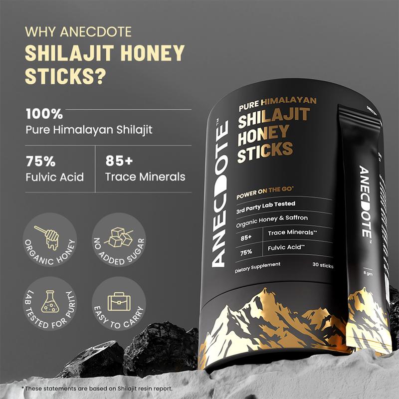 Anecdote Pure Himalayan Shilajit Honey Sticks - 100% Pure Resin with 85+ Trace Minerals & 75% Fulvic Acid - Organic Honey & Saffron Infused - 30 Sticks