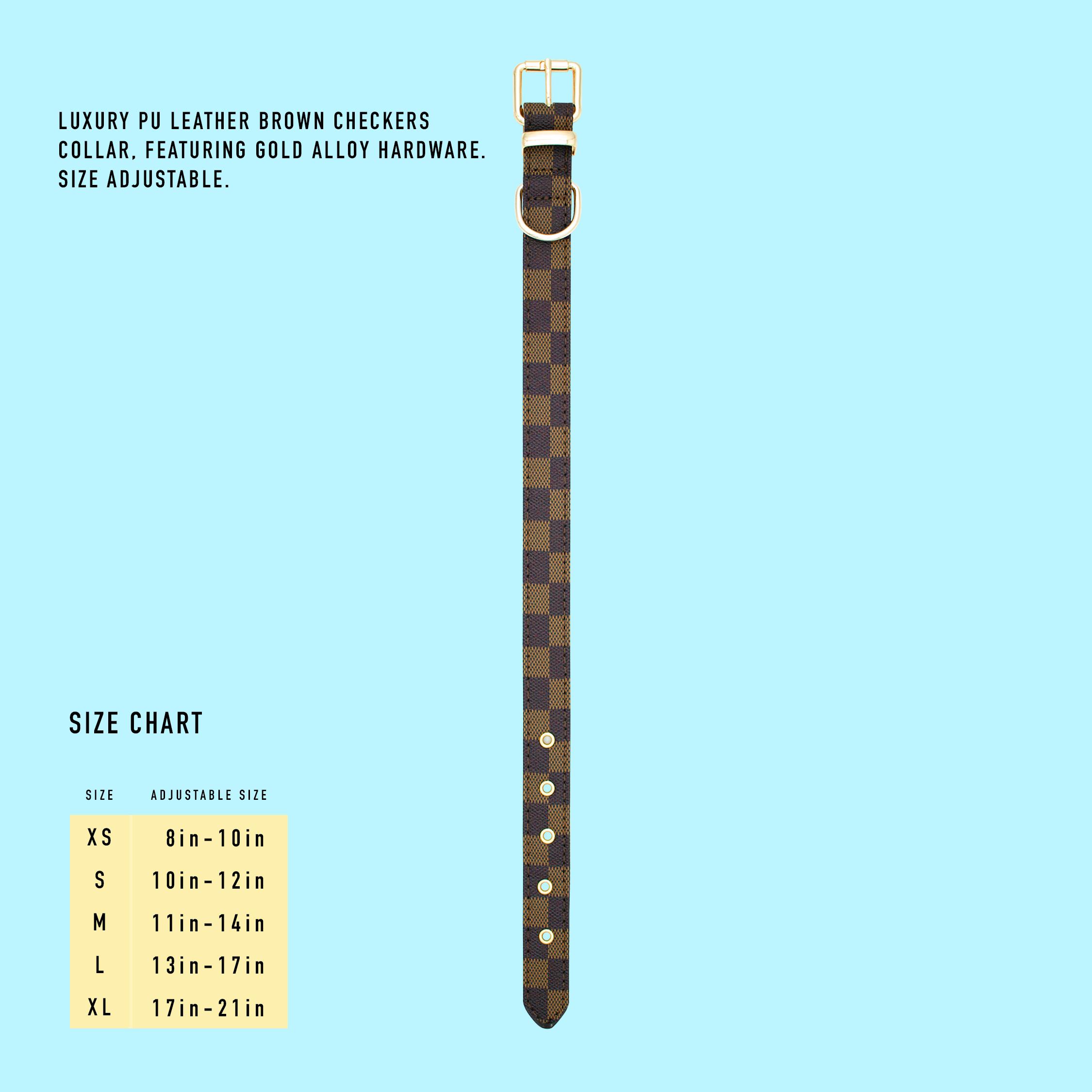Brown Checkers Dog Collar & Leash set  - PU leather with Gold hardware
