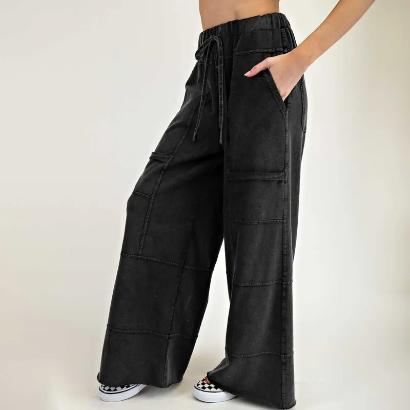 Black Mineral Wash Exposed Seam Drawstring Elastic Waistband Wide Leg Cargo Pants