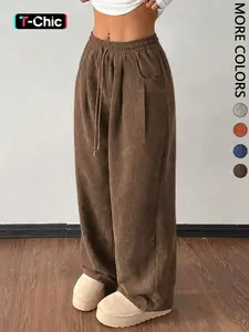 Women's Vintage Casual Comfy Pocket Pants, Textured Ribbed Velvet Loose Fit Woven Pants, Fall Winter Street Fashion, American Retro Style, Bottoms, Womenswear