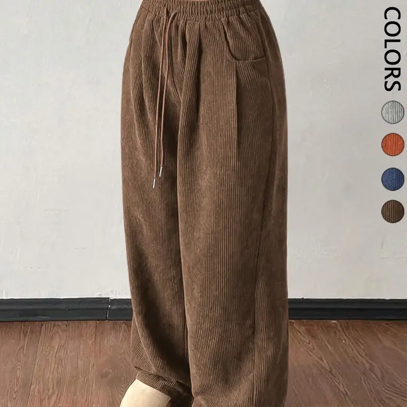 Women's Vintage Casual Comfy Pocket Pants, Textured Ribbed Velvet Loose Fit Woven Pants, Loose Baggy Pants, Casual Chic Trousers, Fall Winter Street Fashion, American Retro Style, Bottoms, Womenswear