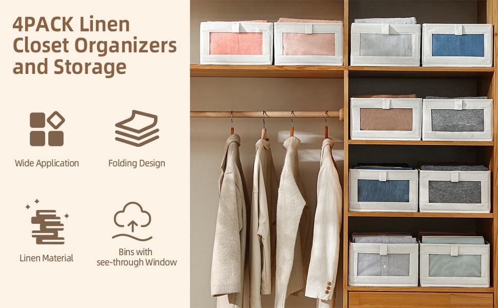 Linen Closet Organizers And Storage, 4 Pack Storage Bins Baskets for Organization Foldable Organizer with Clear Window Organizing Clothing, Jeans, Shelves Linen Closet Organizers And Storage, 4 Pack Storage Bins Baskets for Organization Foldable Organizer with Clear Window Organizing Clothing, Jeans, Shelves