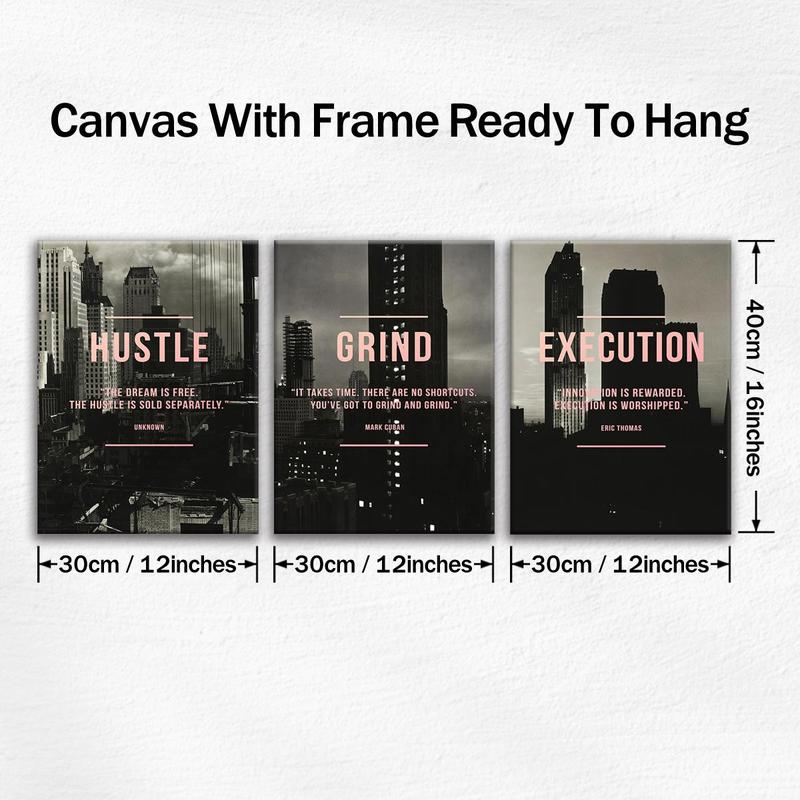 Wooden Framed Canvas Painting, 3 Counts/set Urban Inspirational Letter Decorative Painting, Modern Art Poster for Office Home Dormitory Dining Room Bar, Wooden Wall Art