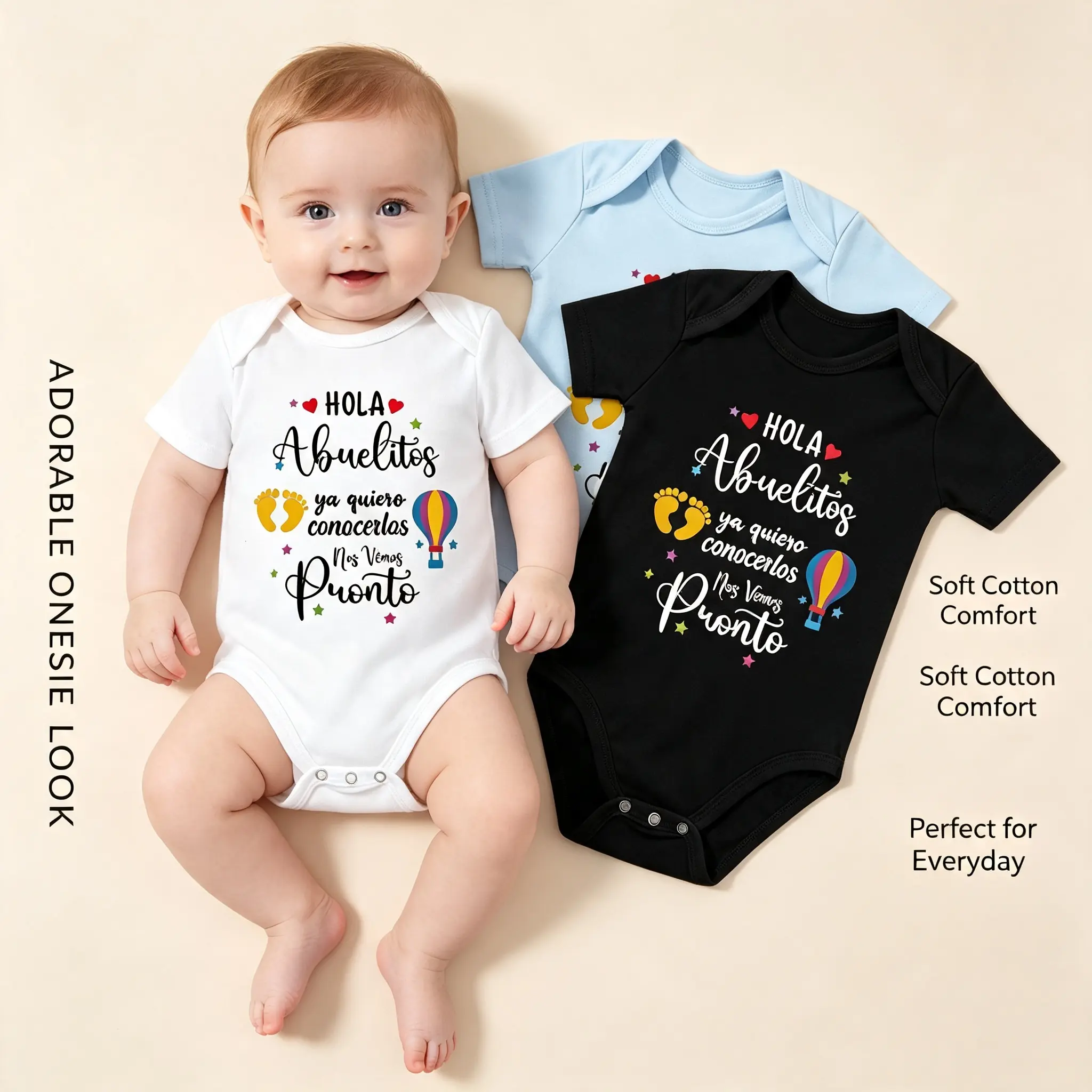 Newborn Baby Cotton Short-Sleeve Romper Onesie - Hello Grandma Grandpa Print, Hot Air Balloon & Footprint Design - Grandparent Announcement Gift, Summer Outdoor Baby Shower Outfit (Boys' Jumpsuit Top)