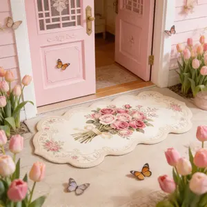 French Retro Living Room Carpet Rose Bouquet Bedroom Decoration Bedside Rug Irregular Shape Lounge Non-slip Rug Light Luxury High-end Dressing Room Plush Carpet Home Balcony Bathroom Washable Floor Mat