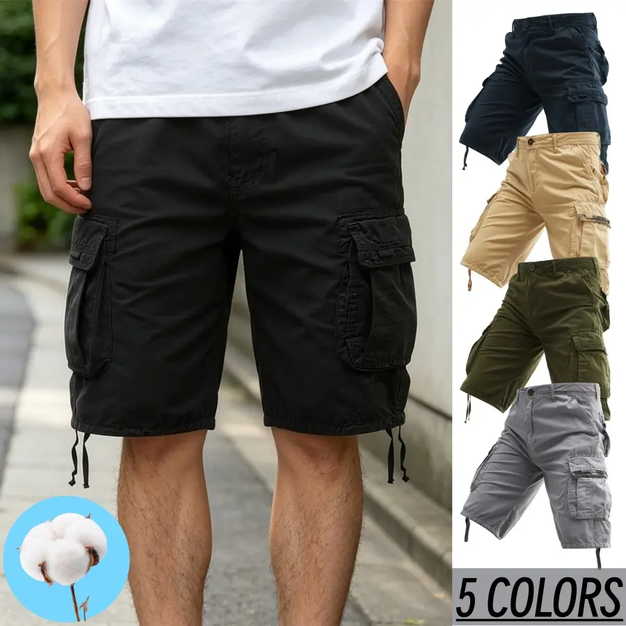 Men's Plain Cotton Boxy Cargo Capri Shorts - Breathable Menswear, Multi-Pocket, Calf-Length, Casual Workwear & Outdoor Daily Bottoms, Cotton Boxy Men's Shorts, Cargo Pants, Outdoors, Woven