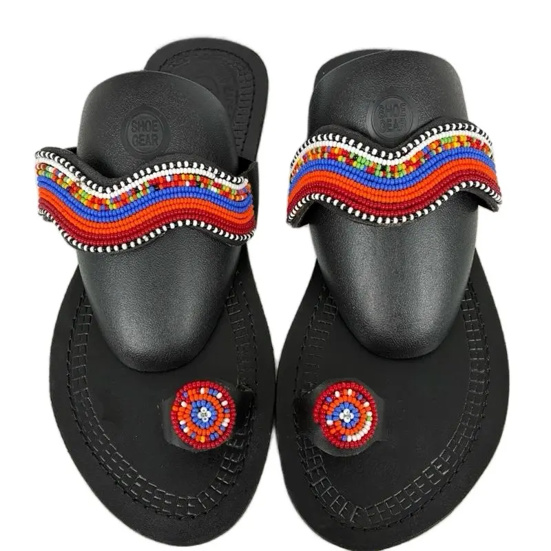 African Leather Masai Maasai Handmade Beaded Sandals Multicolored with Colorful Beads and Red Medallion Design