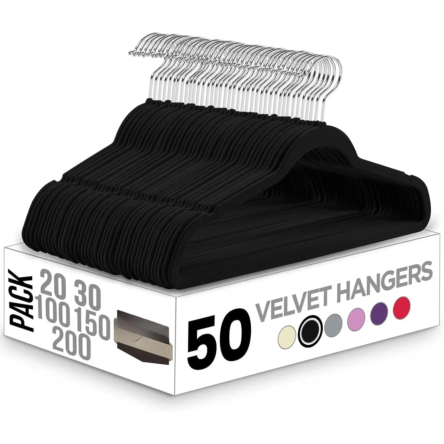 Black Velvet Hangers 50-Pack - Non-Slip Home Organizers with Pegs, 360-Degree Rotating Clothes Hooks, Space Saving Storage Hanger for Hanging Clothes, Coats, Shirts, Space Saving Hangers, 360-Degree Hangers & Pegs