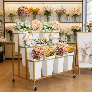 Garvee 3-Tier Heavy-Duty Flower Cart,  Modular Metal Display Stand with 12 Square Buckets & Rolling Wheels for Florist Shops, Weddings, Gardens, Balconies, Cafés, Commercial Decoration