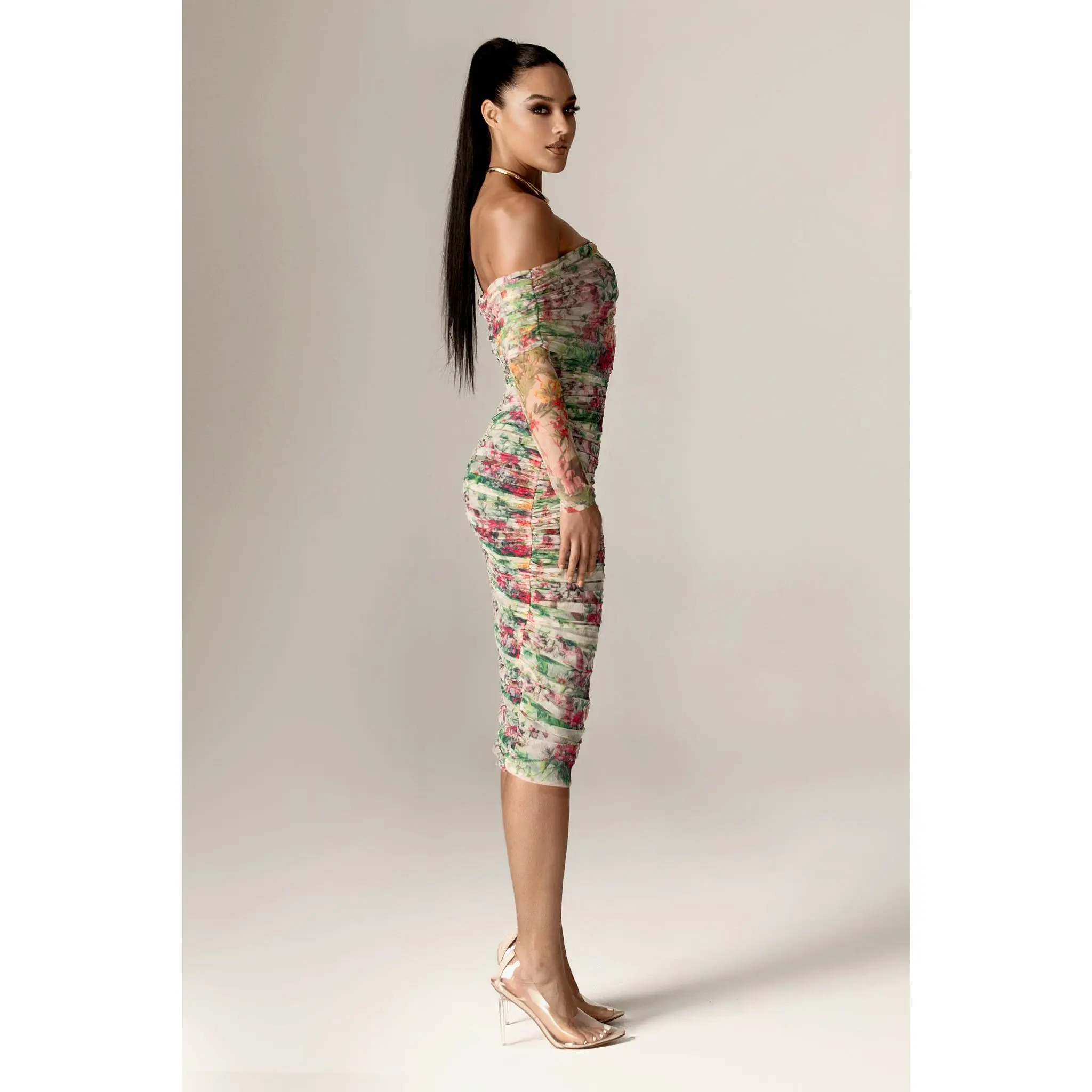 Hayley Off Shoulder Midi Dress - Floral Serenade | Long Sleeves Bodycon Ruched Mesh Dress with Built- Hayley Off Shoulder Midi Dress - Floral Serenade | Long Sleeves Bodycon Ruched Mesh Dress with Built-