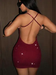 Burgundy Rhinestone Mini Dress - Sexy Backless Rave Outfit for Women