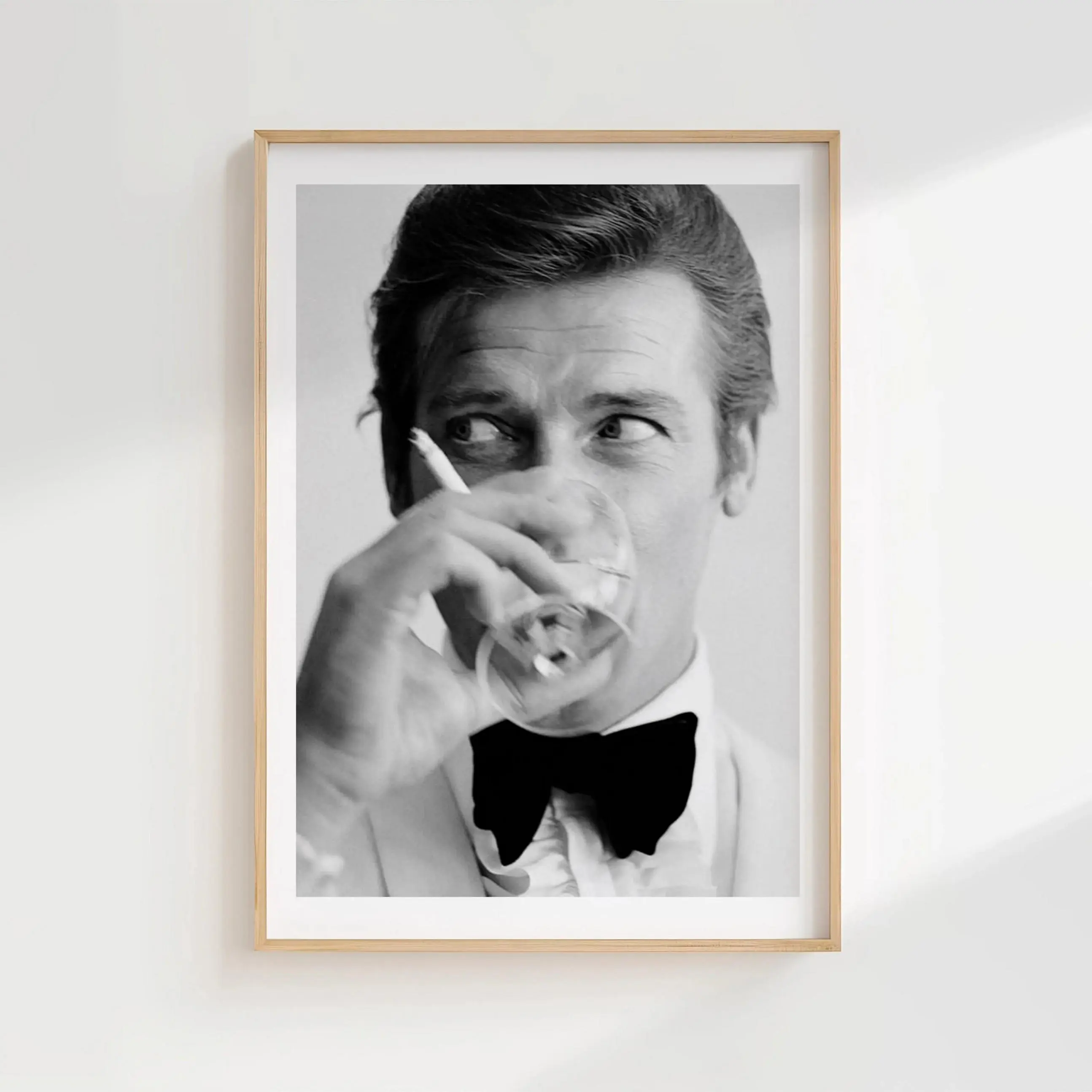Vintage Roger Moore James Bond Unframed Poster, White Dinner Jacket Black-and-White Print, Retro Photography Wall Art, Classic Cinema Room Decor