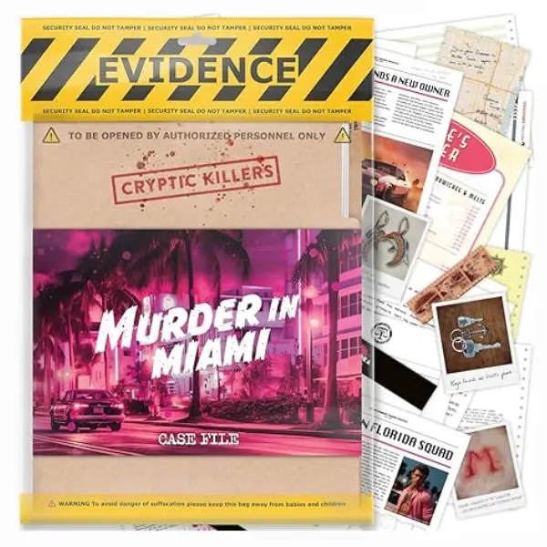 CRYPTIC KILLERS Thriller Interactive Murder Mystery Board Game - Miami Themed, Detective Clue-Evidence Kit, QR Access, Travel-Friendly, BPA-Free, 36 Pieces, 9.52 oz, 11.02x10.63x0.27 in, Puzzle for Adults 14+ & CSI Fans, Date Night Activity