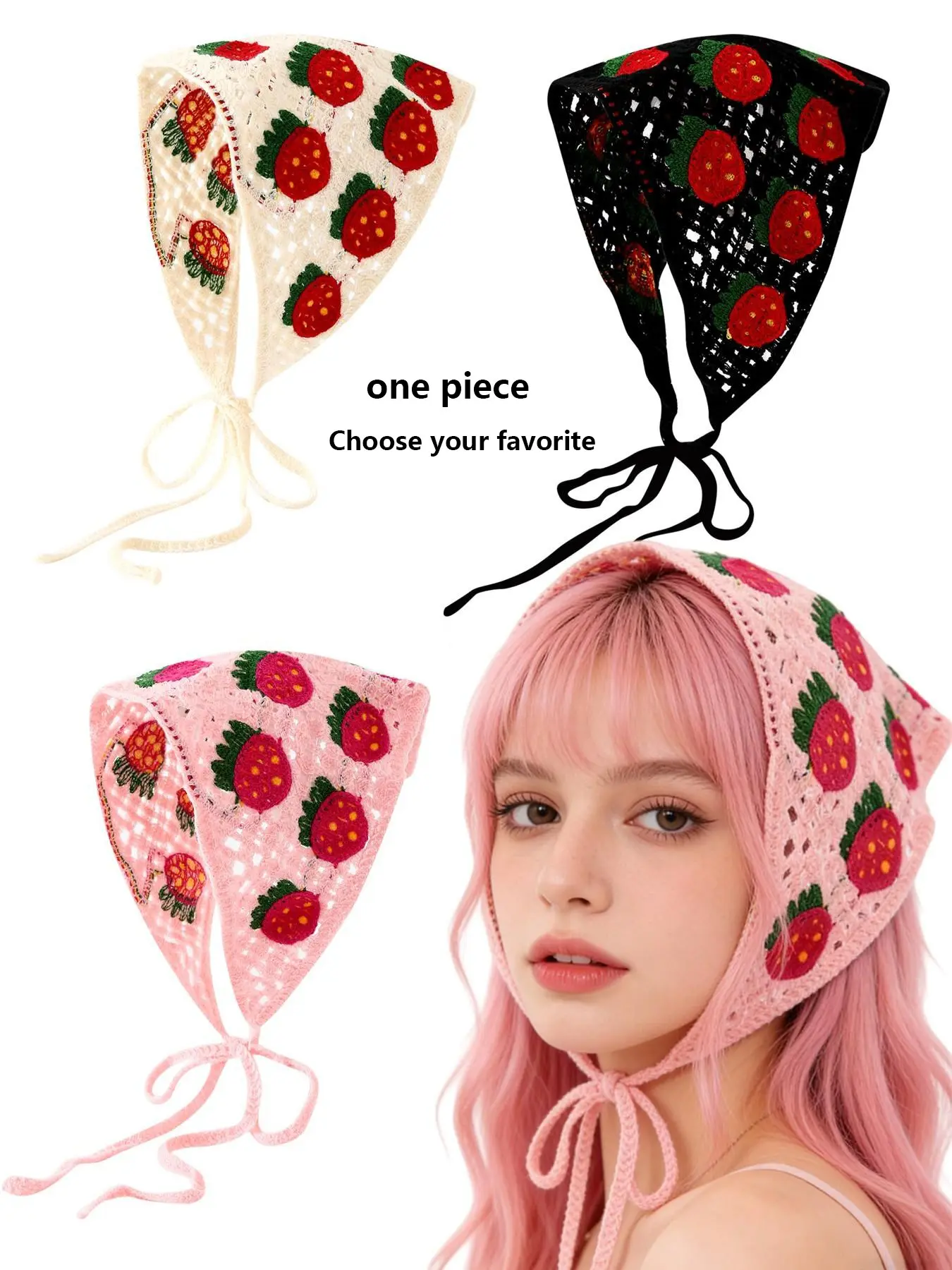 Triangle Headscarf Cap, Dopamine Style Strawberry Pattern, Lace Up Fashion Turban Hat, Cute Cartoon Design, Daily Wear for Women All Ages, Dopamine Aesthetic