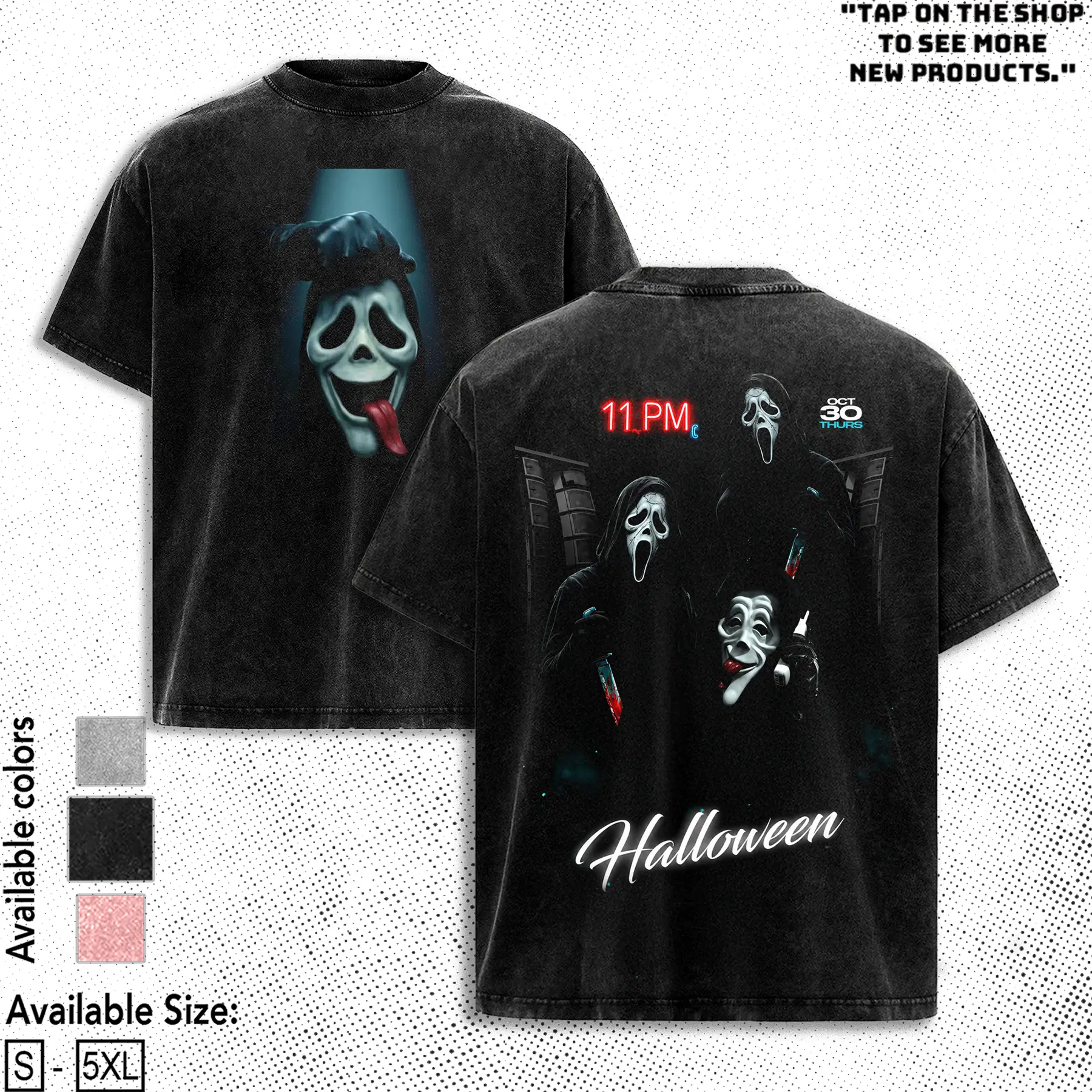 Ghost Face Scream Horror Premium Acid Wash T-Shirt, Halloween Merch Friday The 13th Merch, 80s Horror T-shirt, Slasher Movie Apparel For Fans Cotton