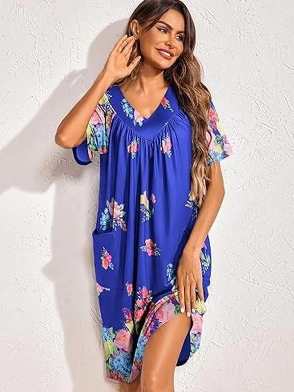 Ekouaer Women's Elegant V-Neck Nightgown with Flower Print, Soft Pleated Short Sleeve Loungewear Dress with Pockets, Nightwear, Printed, Patio