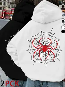 Women's Fall Winter American Street Spider Print Hoodie Set, Casual Loose Fit Drop Shoulder Sweatshirt, 2 Piece Fashionable