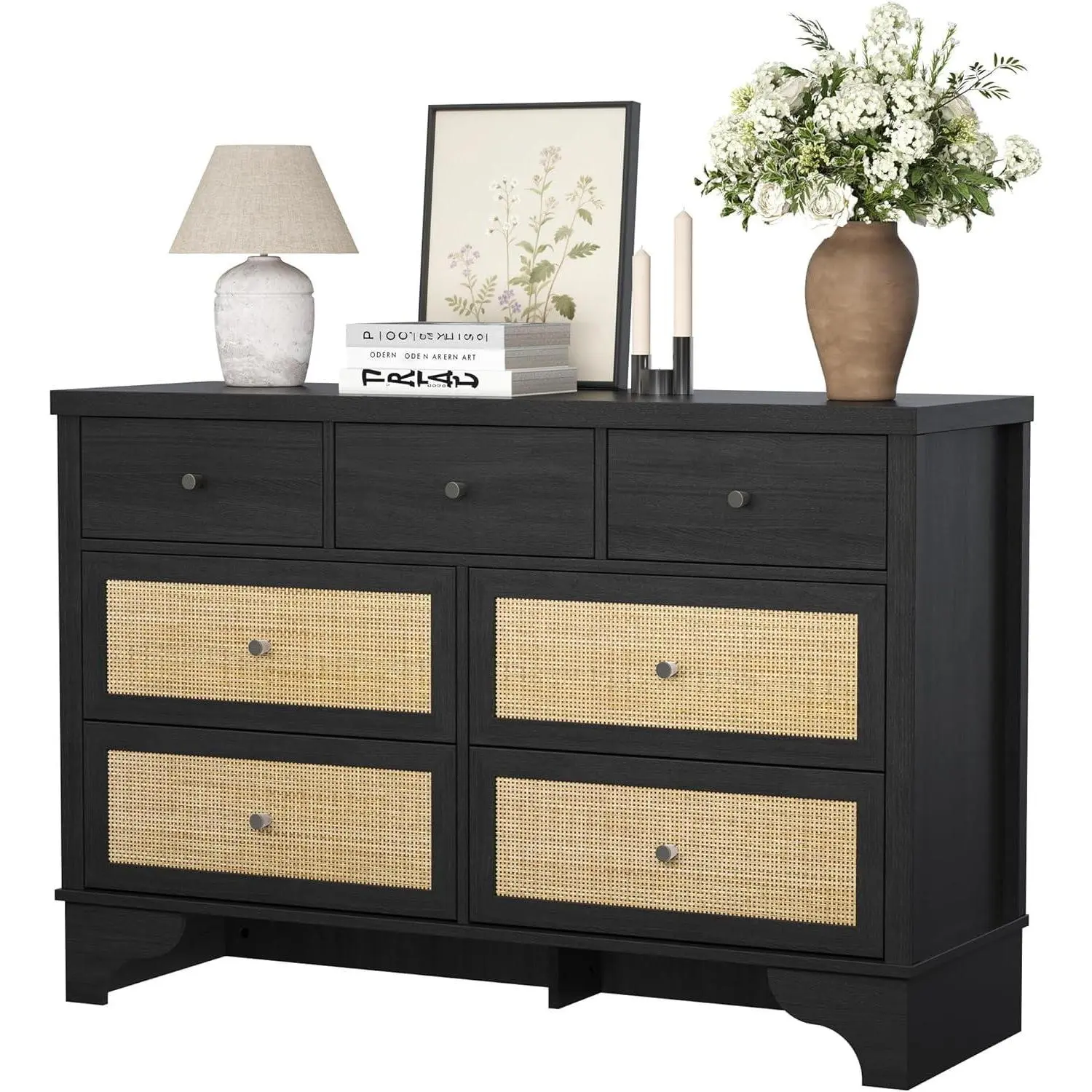Chest of Drawers  Woven Grass + MDF  7-Drawer Horizontal Storage Cabinet  Modern Bedroom Organizer  Spacious and Durable-A