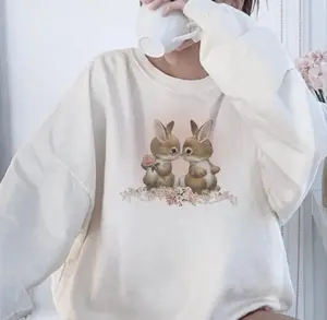 Cute Bunny Coquette Sweatshirt, Animal Print Hoodie, Aesthetic Trendy Crewneck T-Shirt, Fabric Fit Womenswear Garment Loose