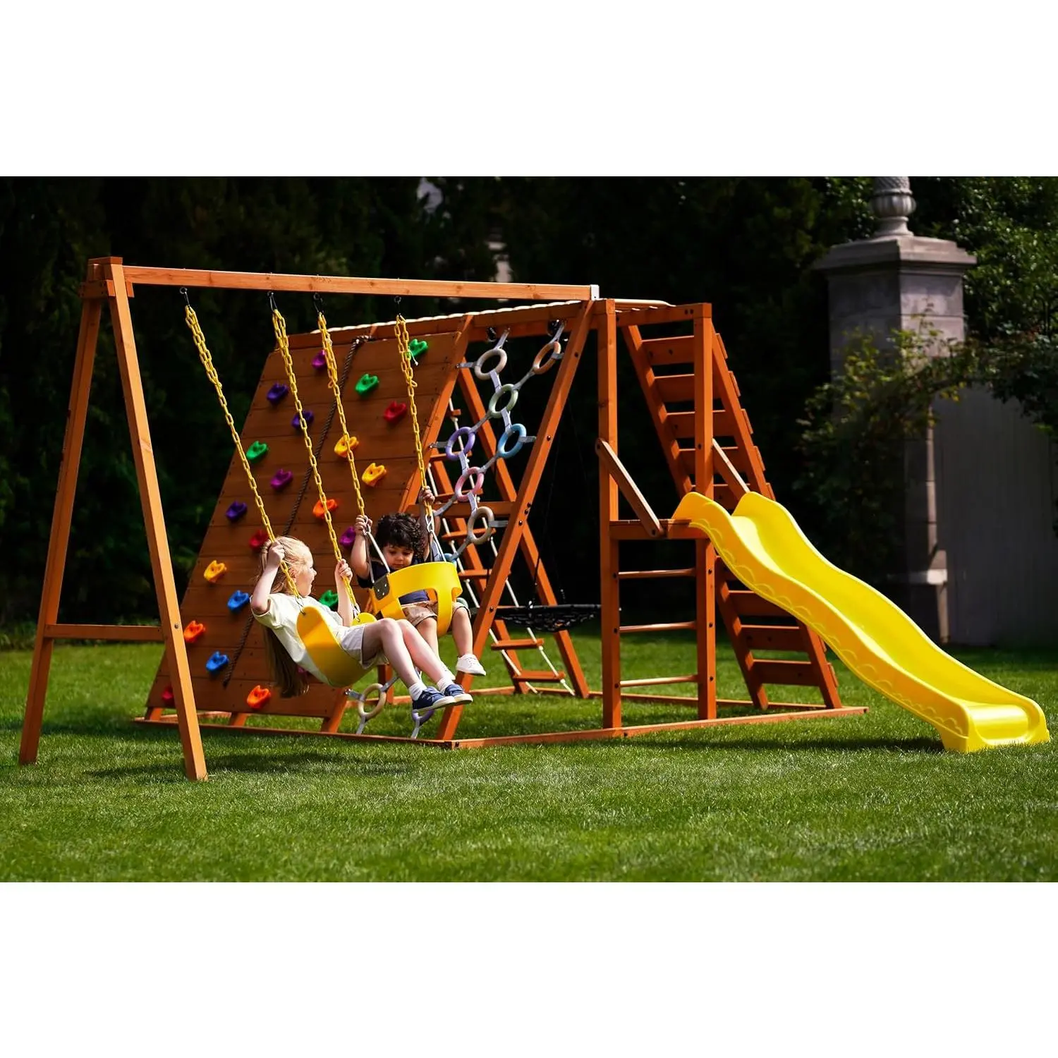 Sycamore Backyard Ultimate Climbing Set with 2 Swings and Trapeze Bar - Outdoor Playset for Kids with Gymnastics Bar, Rock Climbing Holds, and Sensory Playground Accessories - Wooden Swingset for Ages