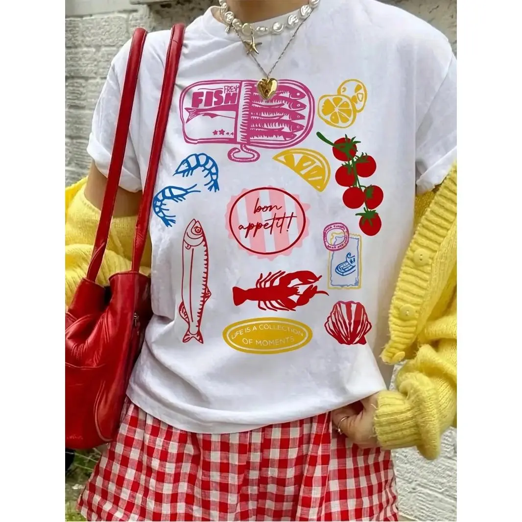 Women's Bon Appetit Seafood Graphic T-Shirt - Lady's Round Neck Short Sleeve Top, Cute Fish Shrimp Lobster Lemon Tomato Print, Casual Summer Streetwear Outfit